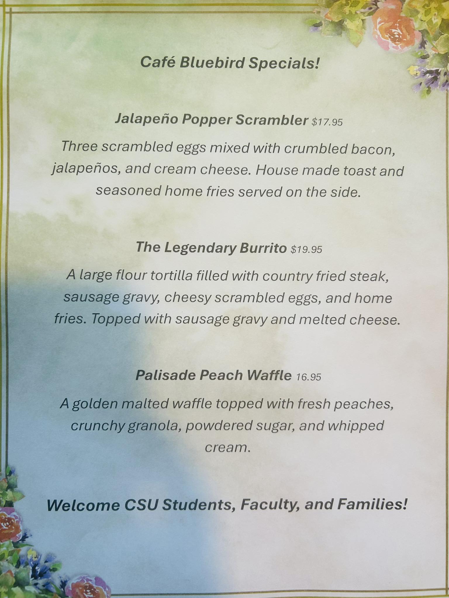 Bluebird Apres Cafe Menu