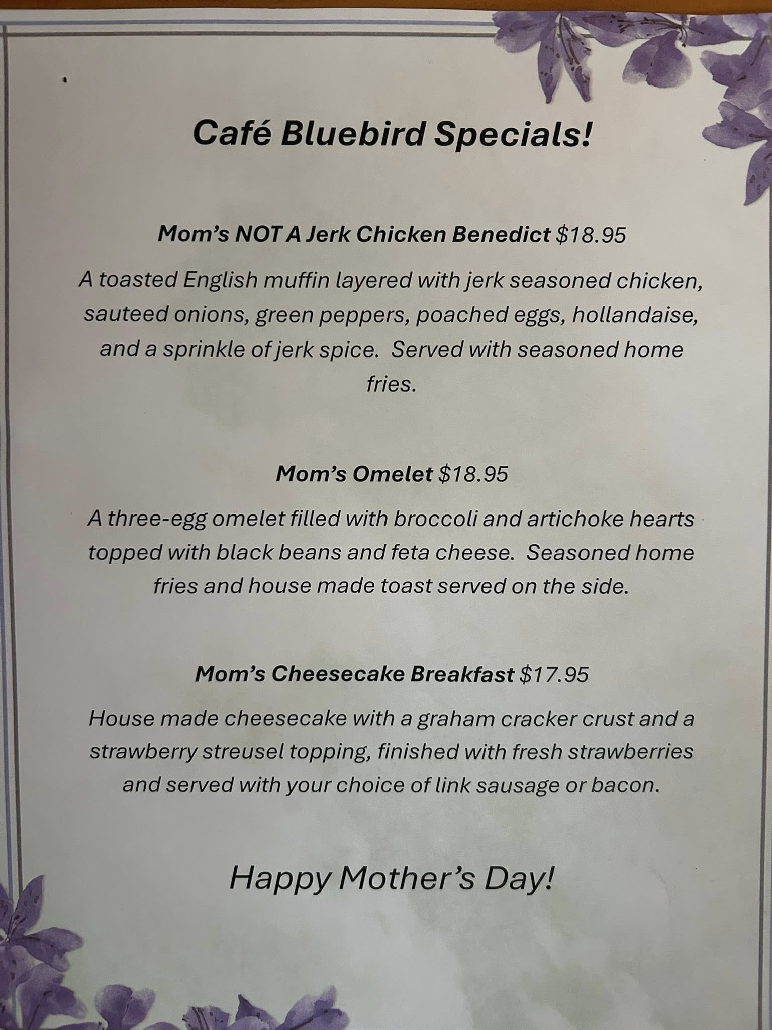 Bluebird Apres Cafe Menu