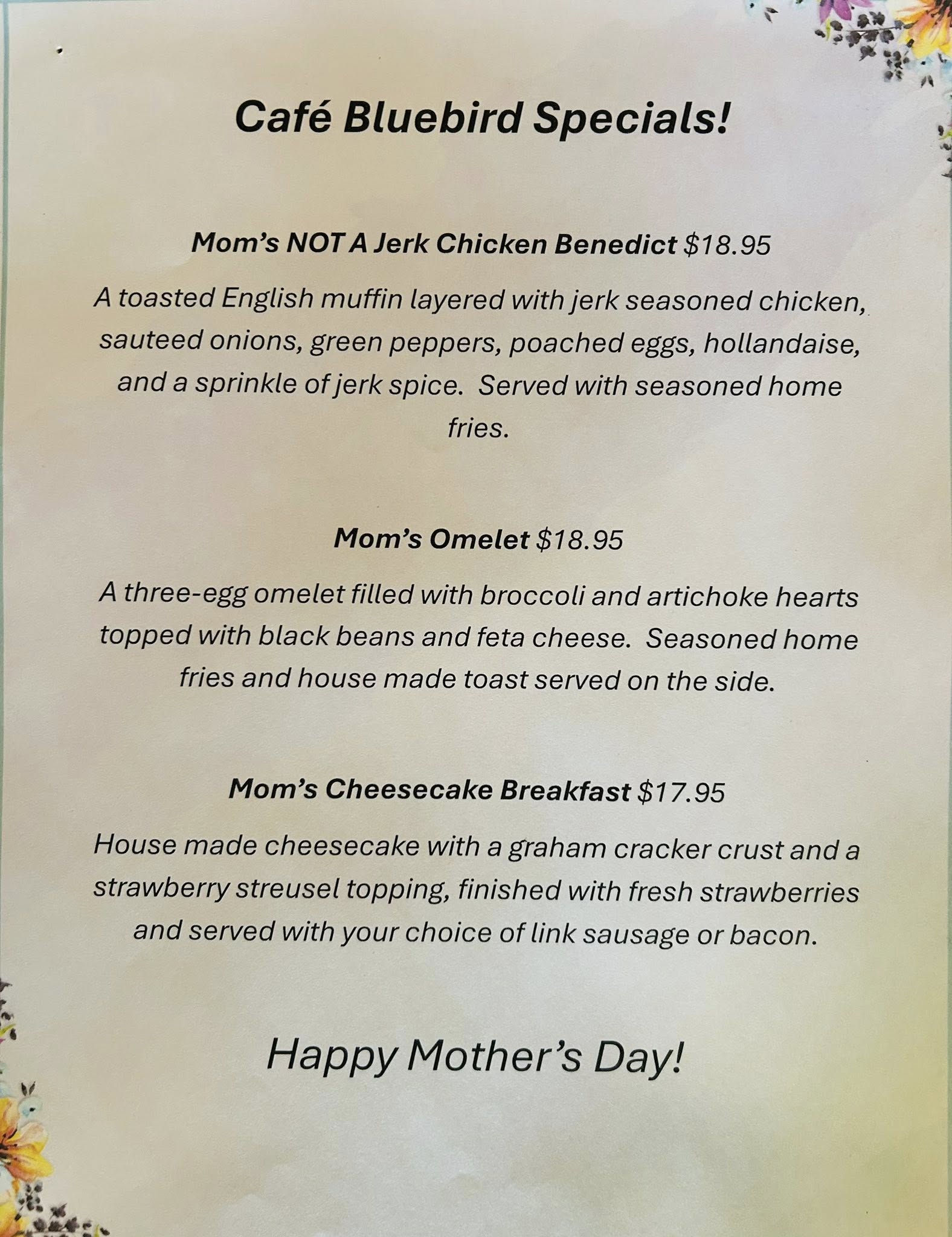 Bluebird Apres Cafe Menu