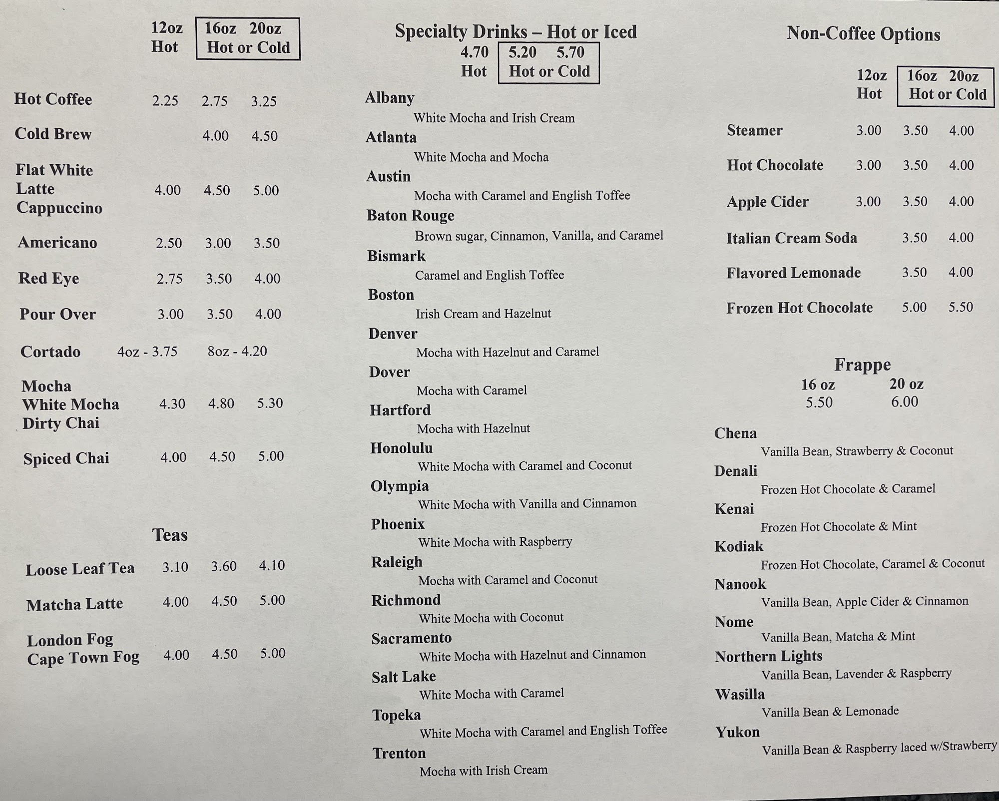 Nomad & Gypsy Coffee Roasters Menu