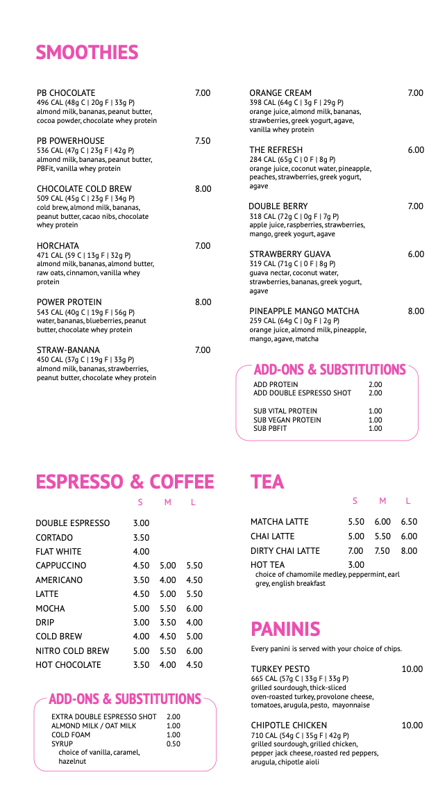 Tenet Sugarhouse Menu