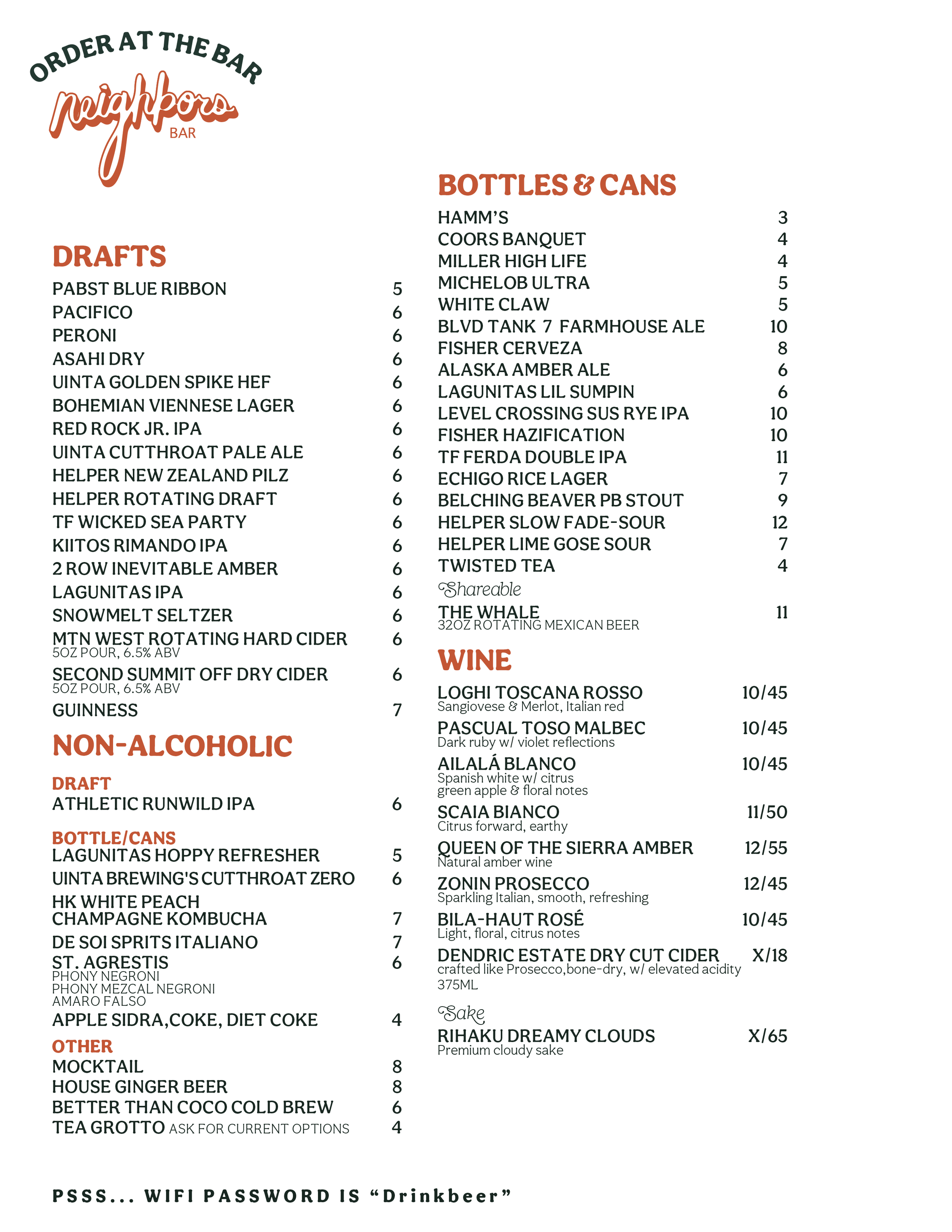 Neighbors Bar Menu