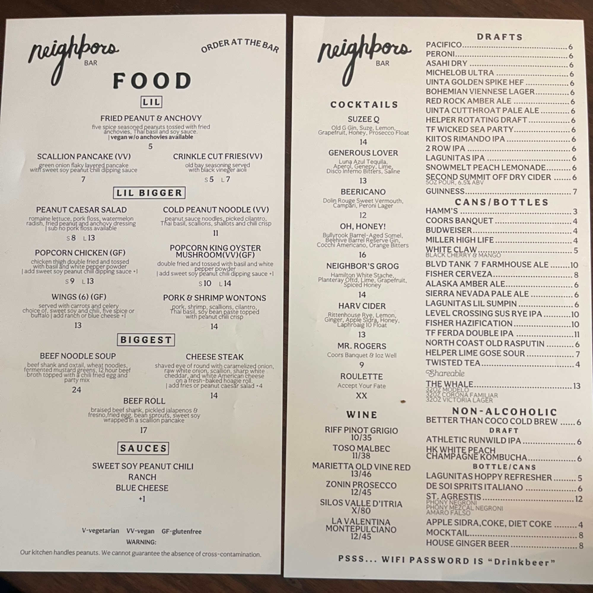 Neighbors Bar Menu