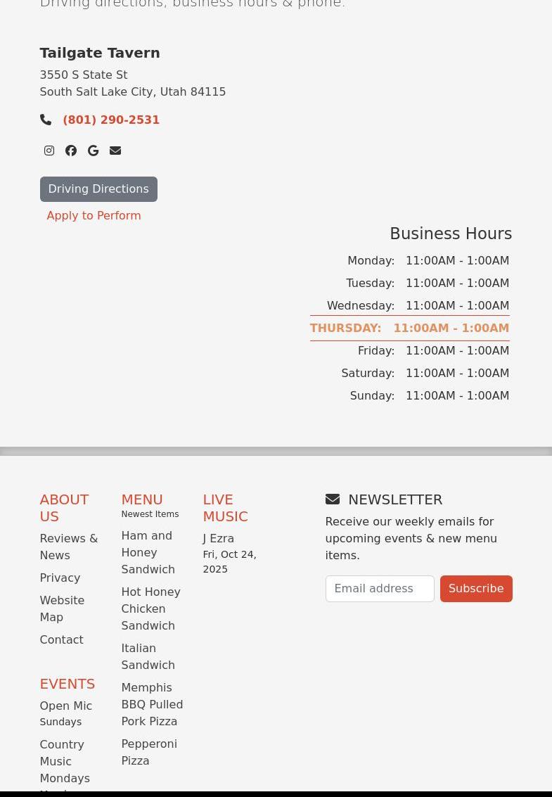 Tailgate Tavern Menu