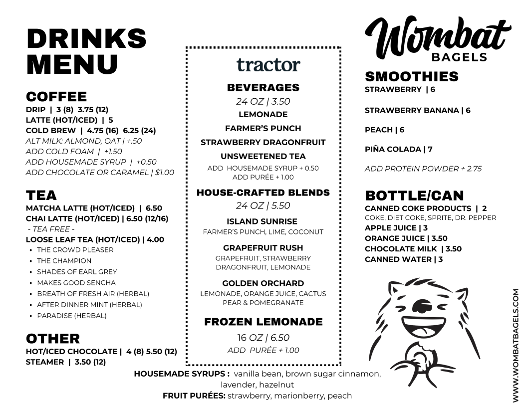 Wombat Bagels Menu