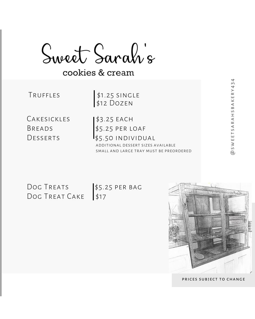 Sweet Sarah's Bakery Menu