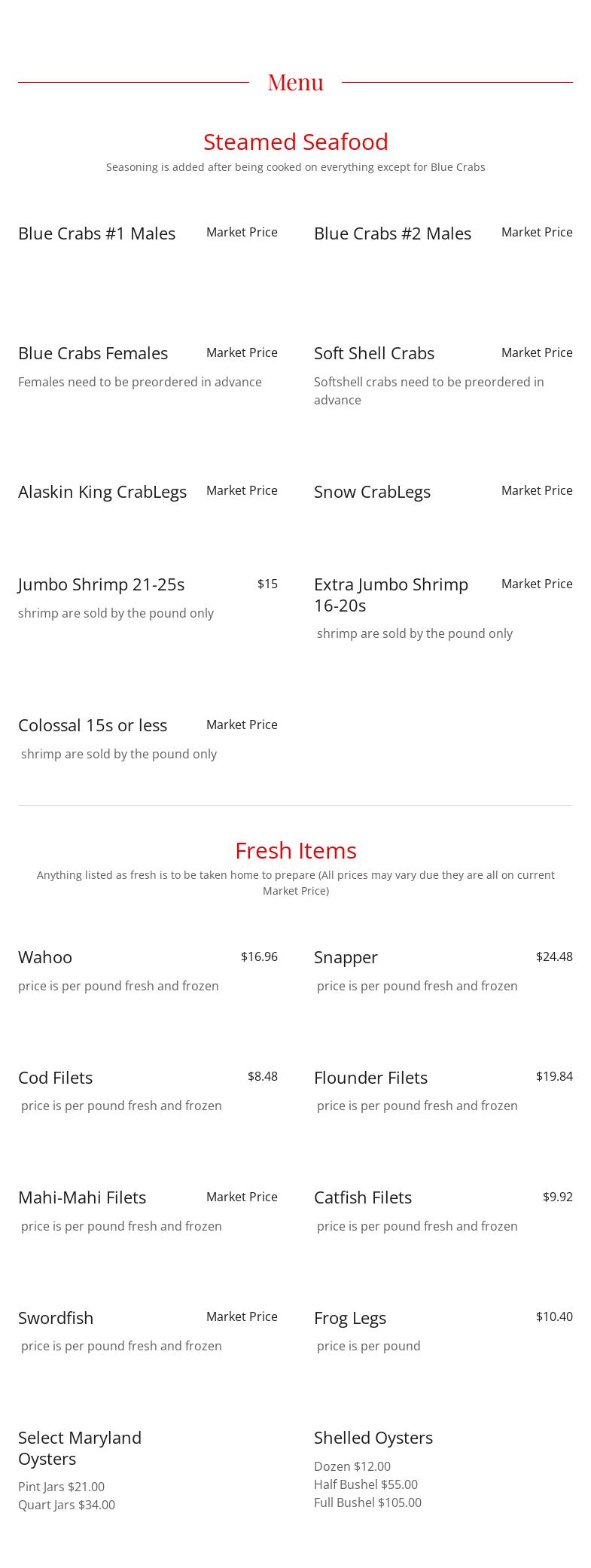 Boonedocks Seafood Menu