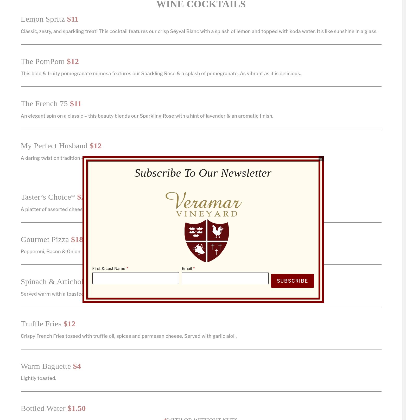 Veramar Vineyard Menu