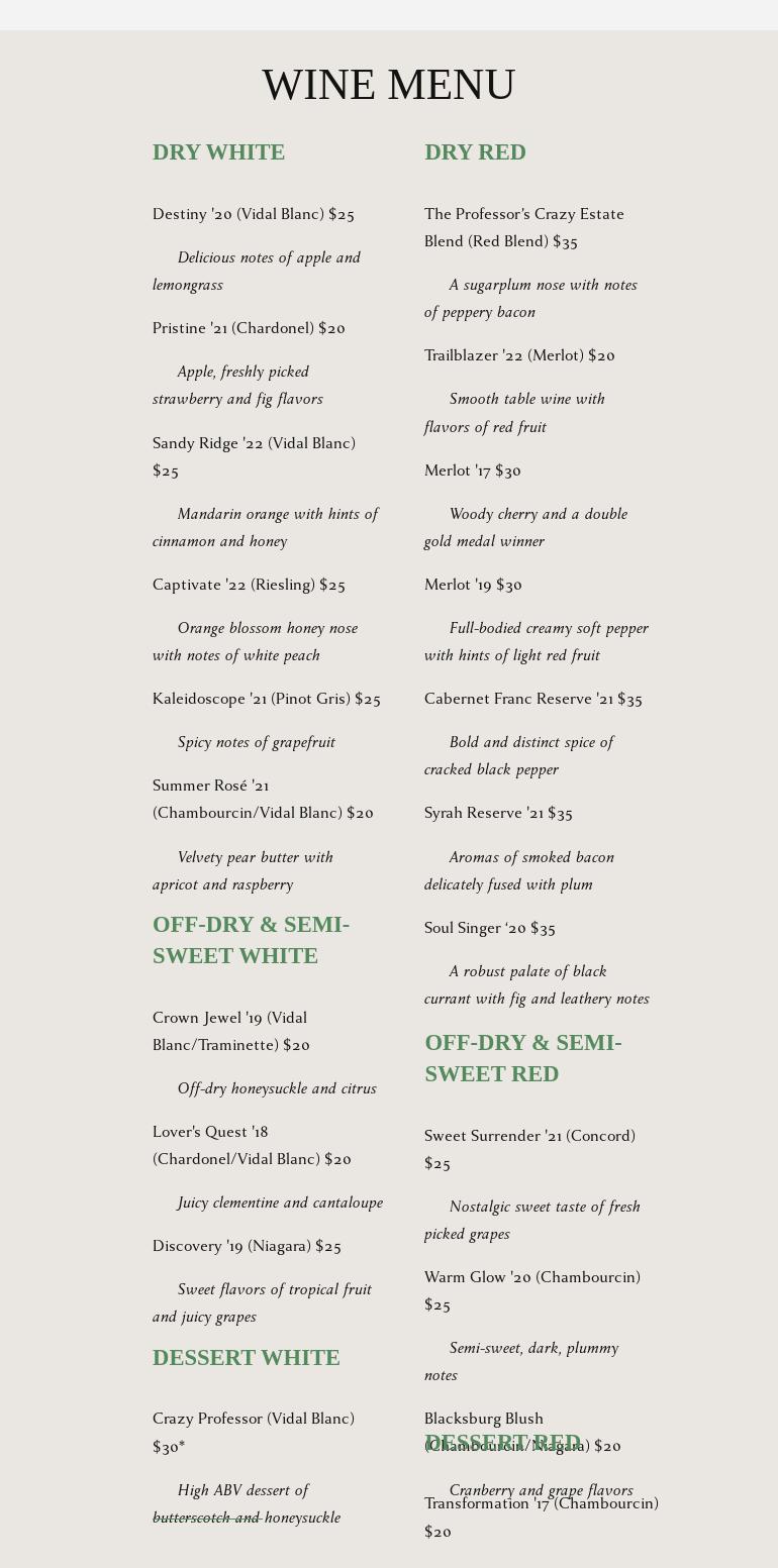 Beliveau Farm Brewery Menu