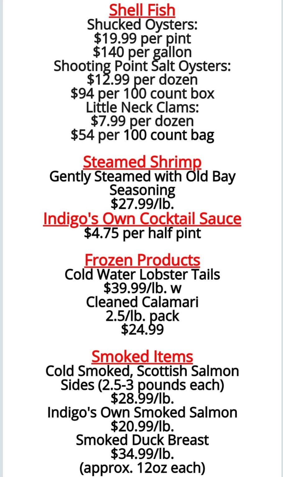 Indigo Farms Seafood Menu