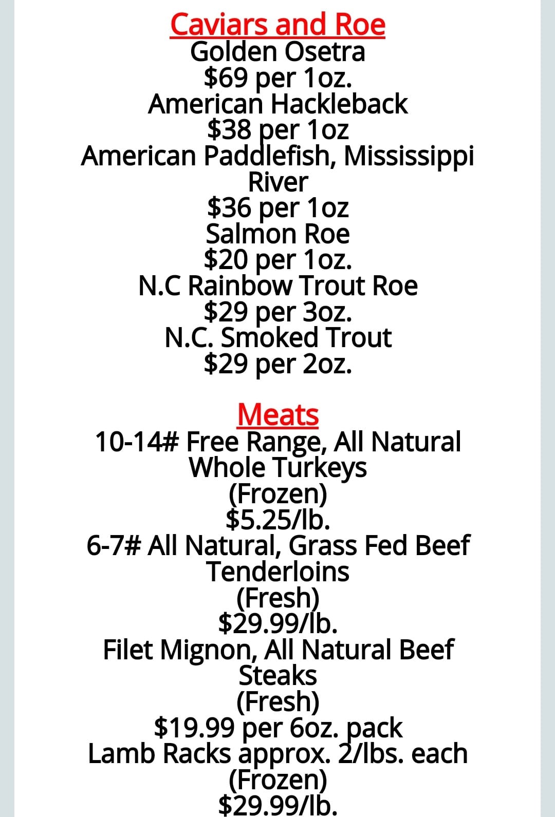 Indigo Farms Seafood Menu