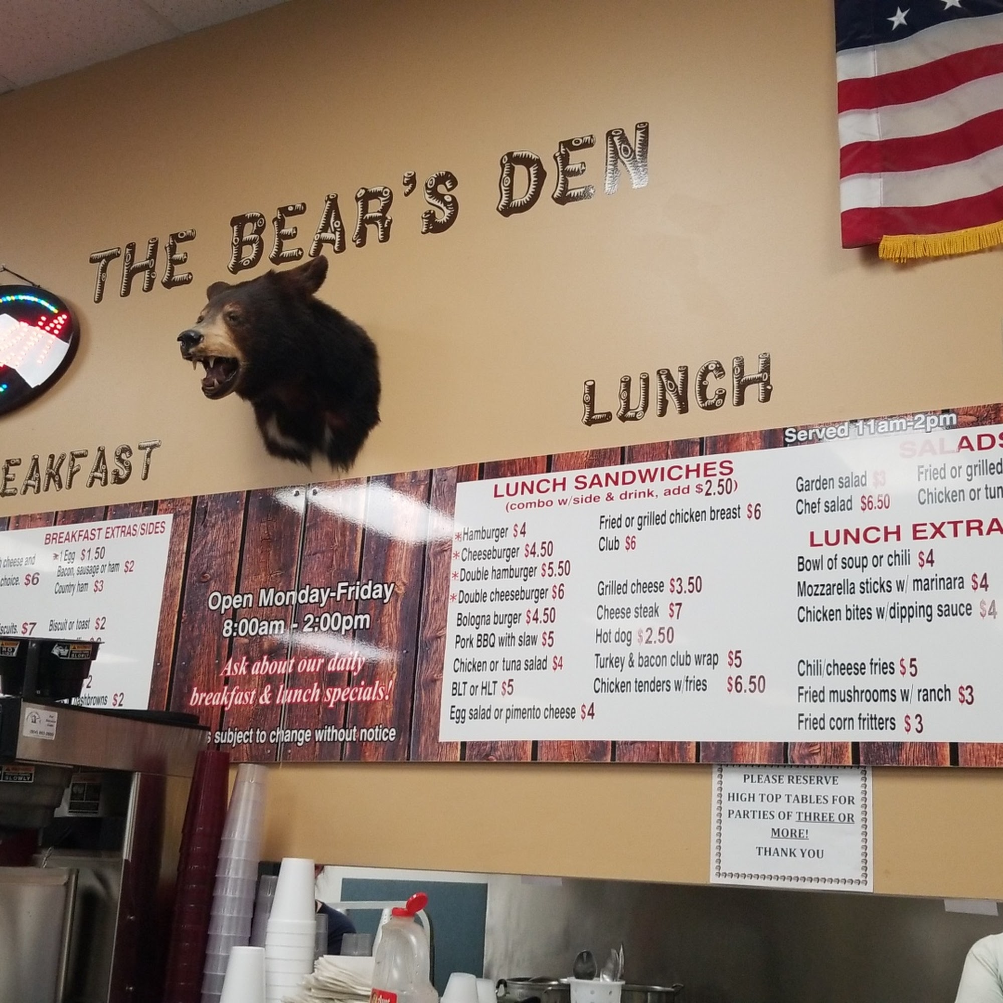The Bear's Den @Dances Sporting Goods Menu
