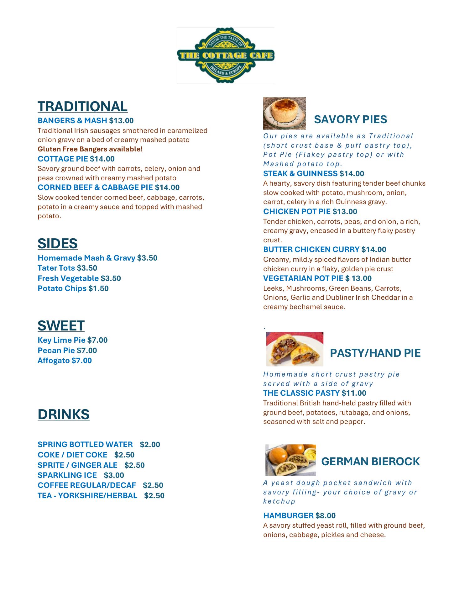 The Cottage Cafe Menu