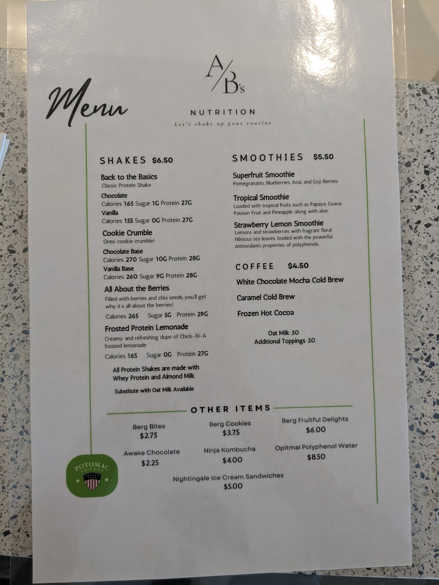 AB's Nutrition Menu