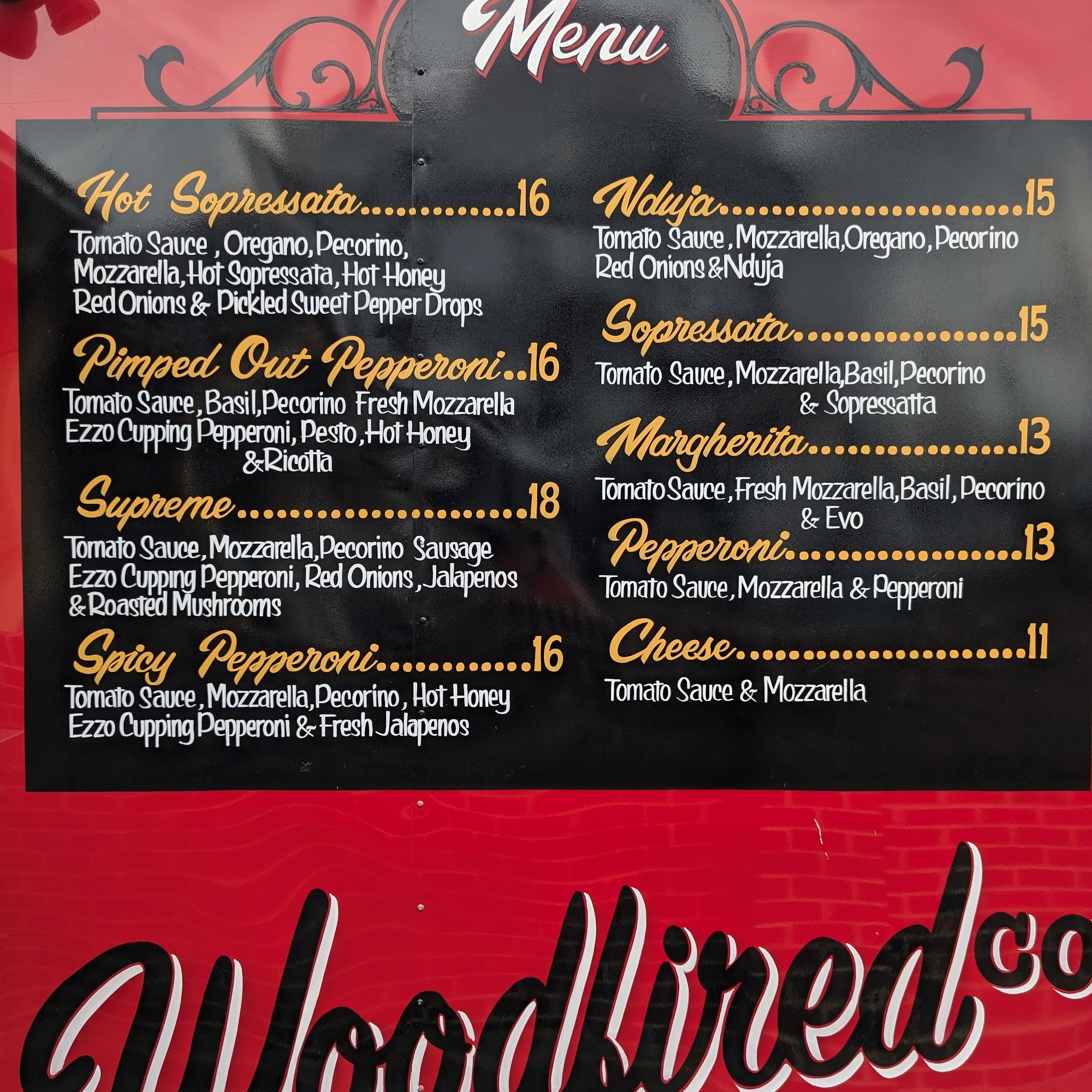 Woodfiredco pizza Menu