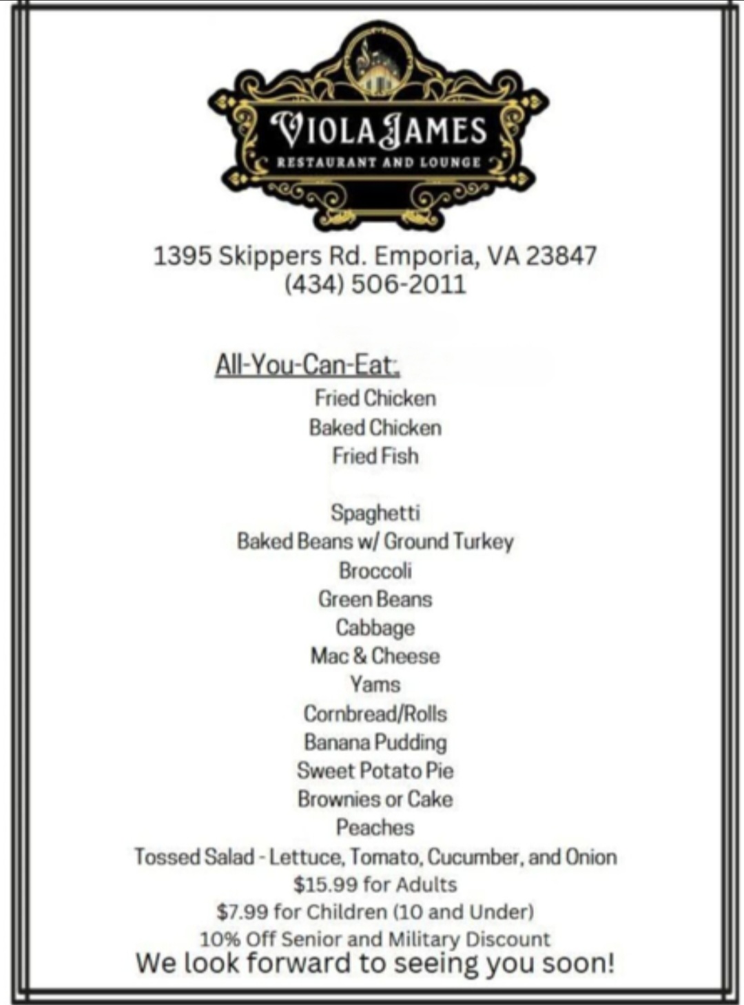ViolaJames Restaurant and Lounge Menu