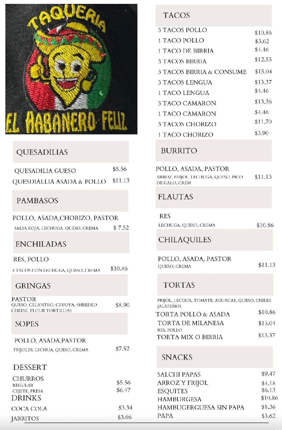 Taqueria el habanero feliz Menu