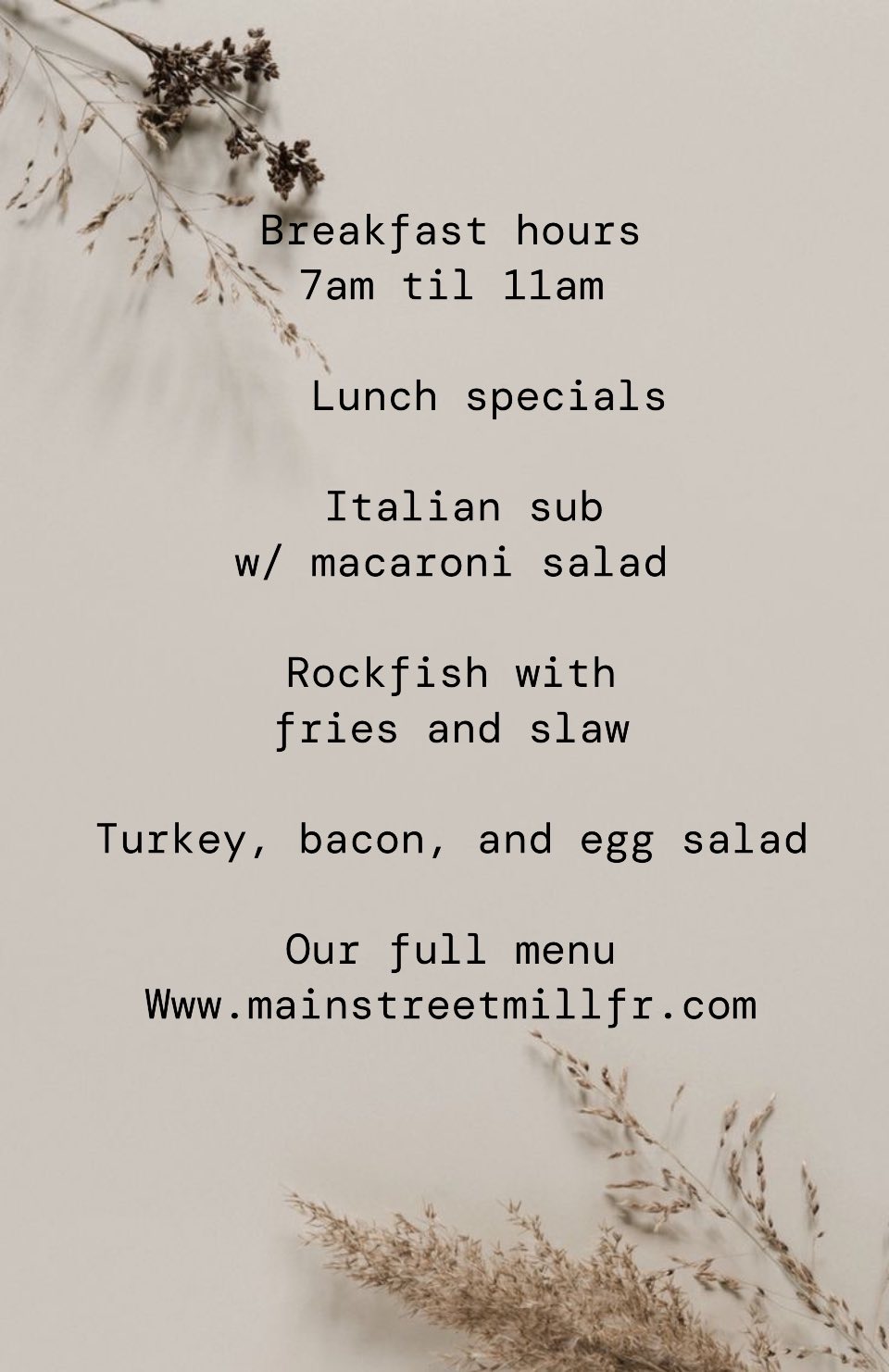 Proctor Biggs Feed Mill Menu