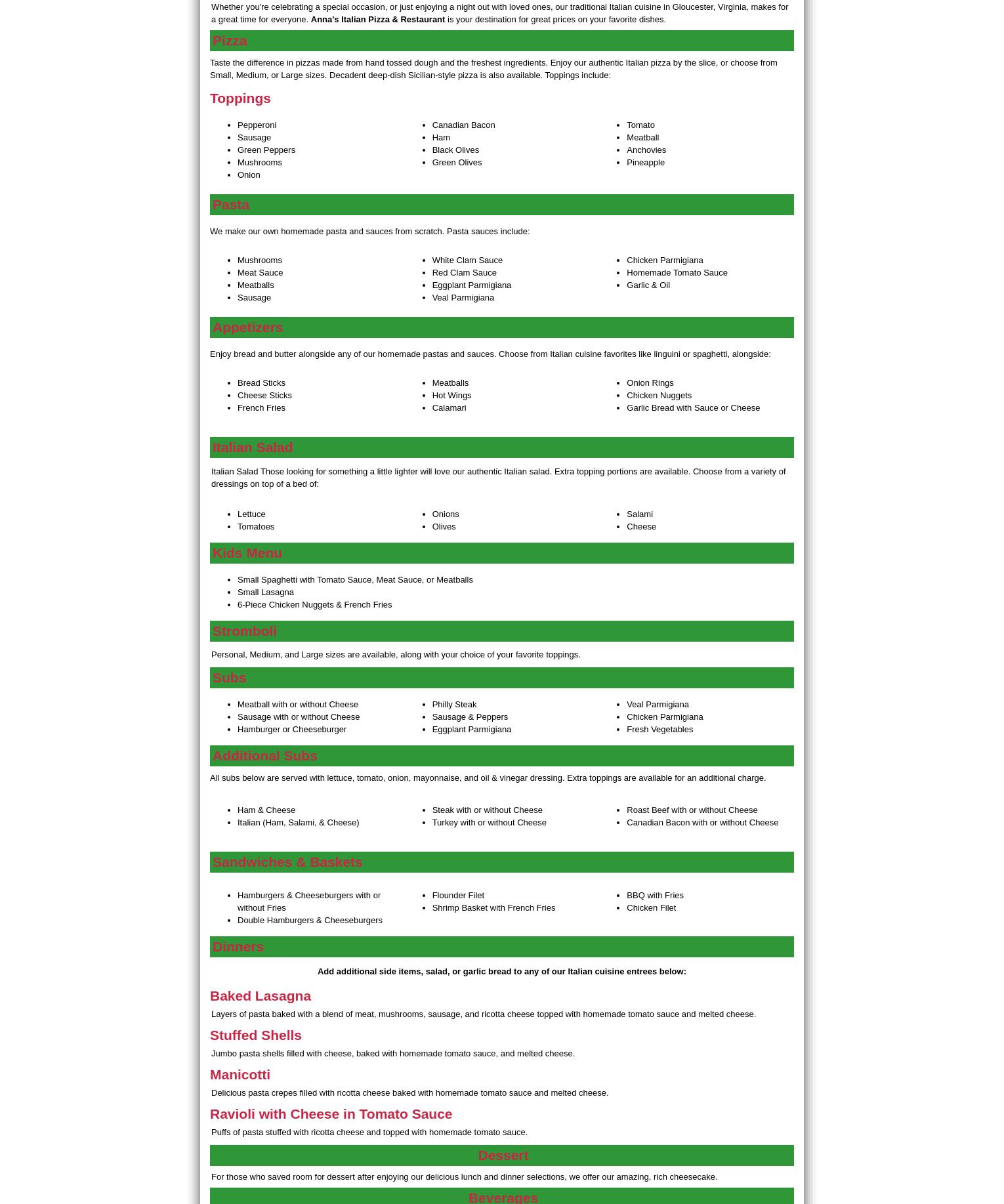 Anna's Italian Pizza Restaurant Menu