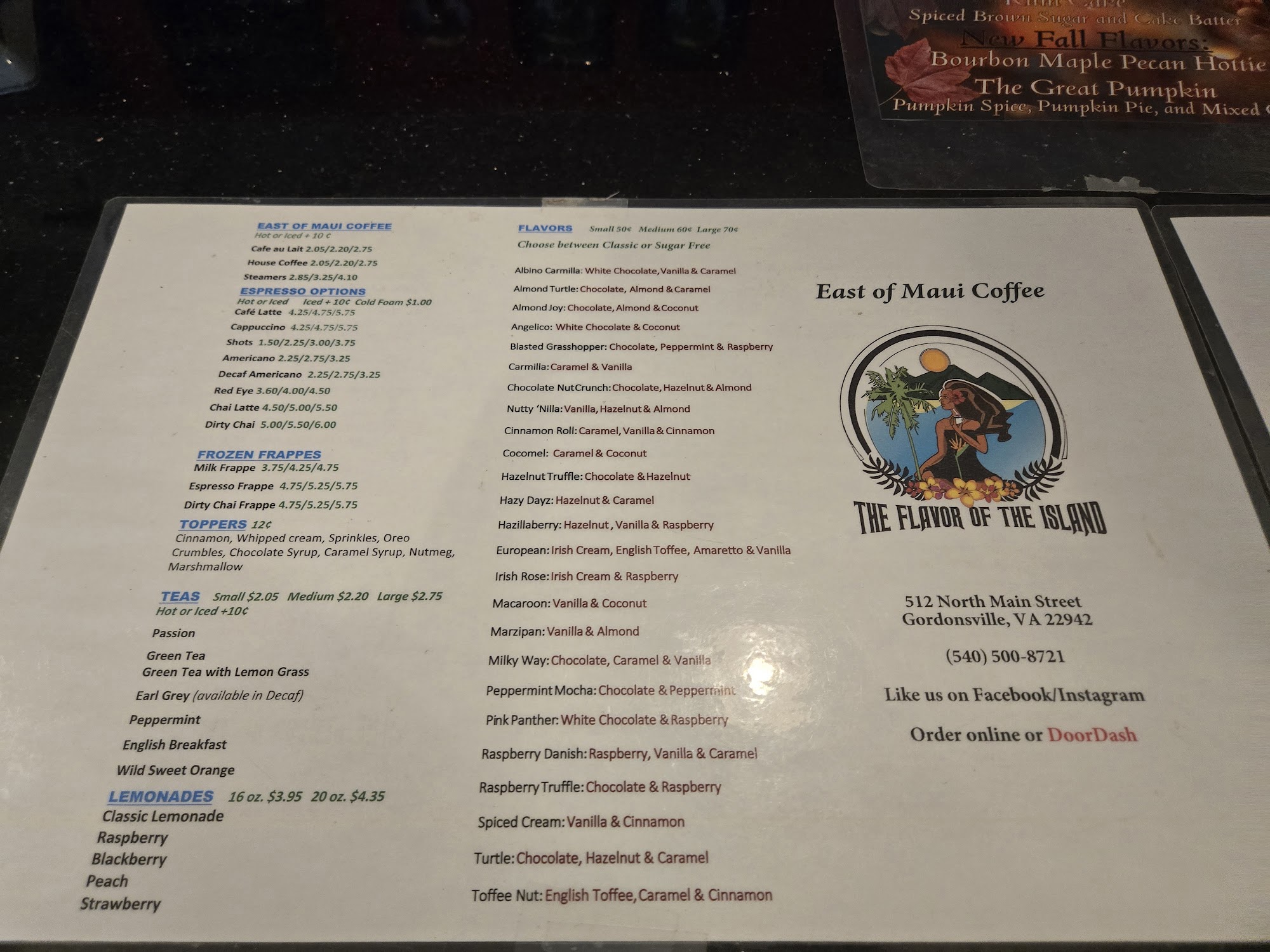 East of Maui Coffee, LLC Menu
