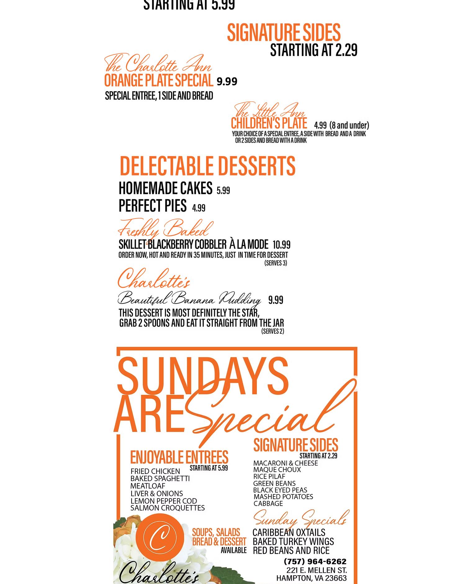 Charlotte's: A Simply Panache Cafeteria Menu