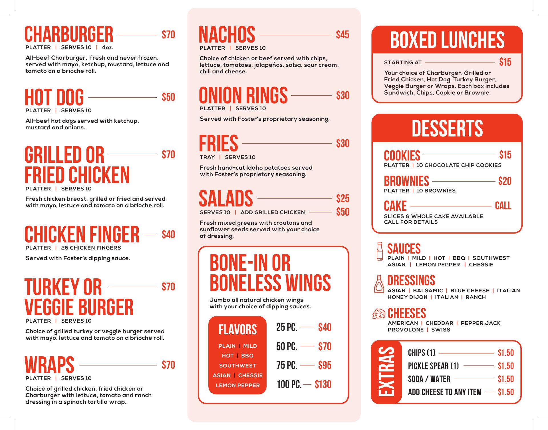 Fosters Franchise Concepts Menu