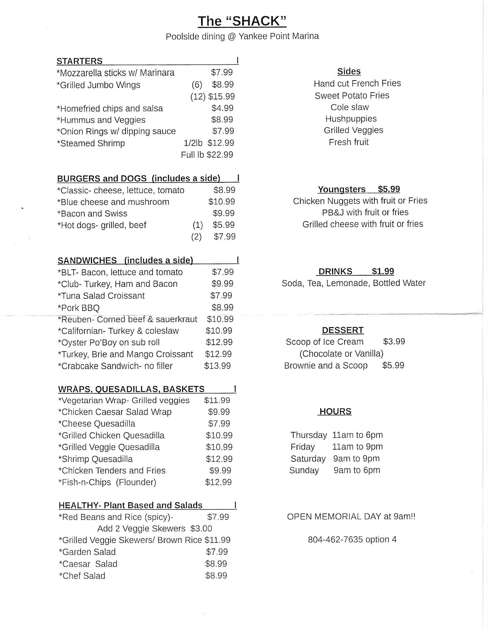 The Shack at Yankee Point Marina Menu