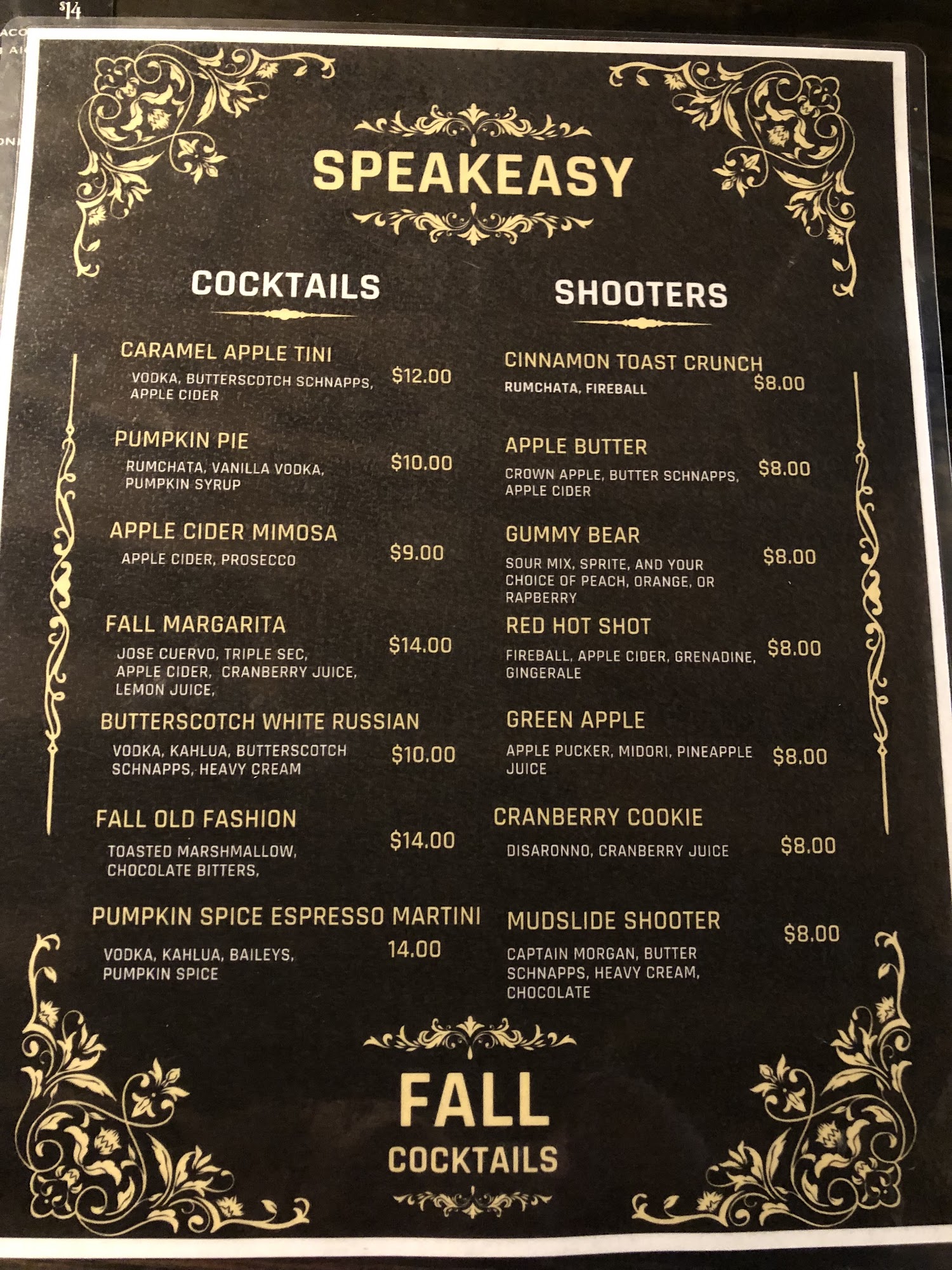 Trading Post Speakeasy Menu