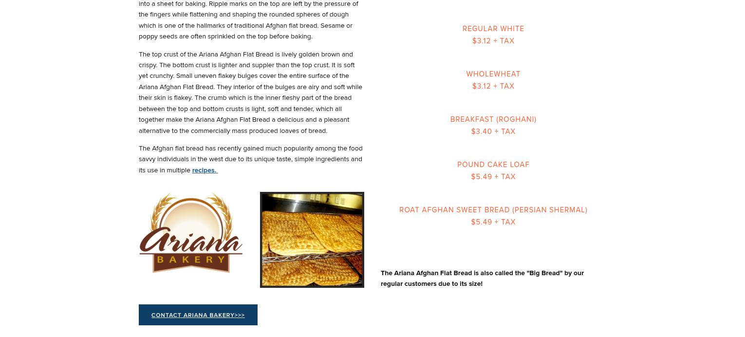 Ariana Bakery Menu