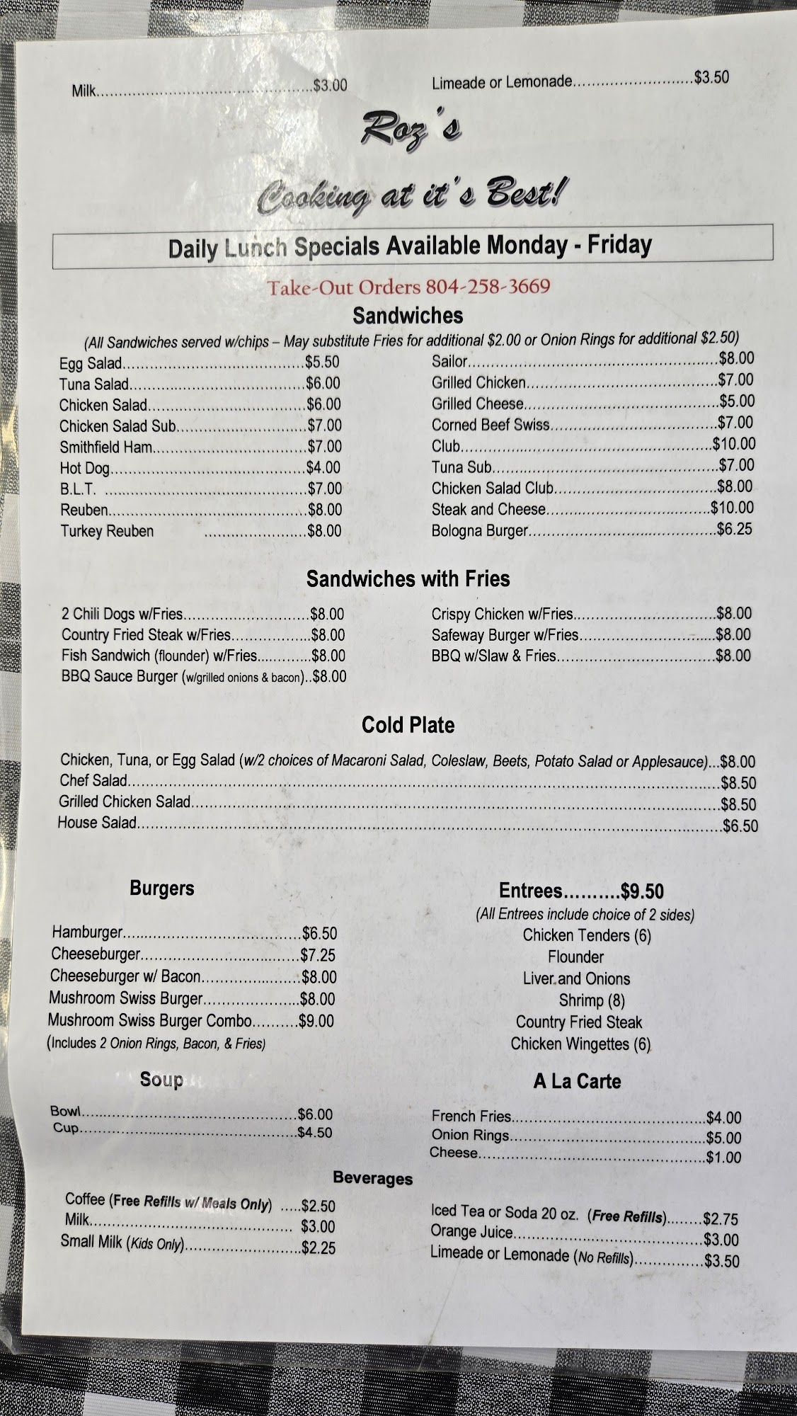 Roz’s Cooking at Its Best Menu