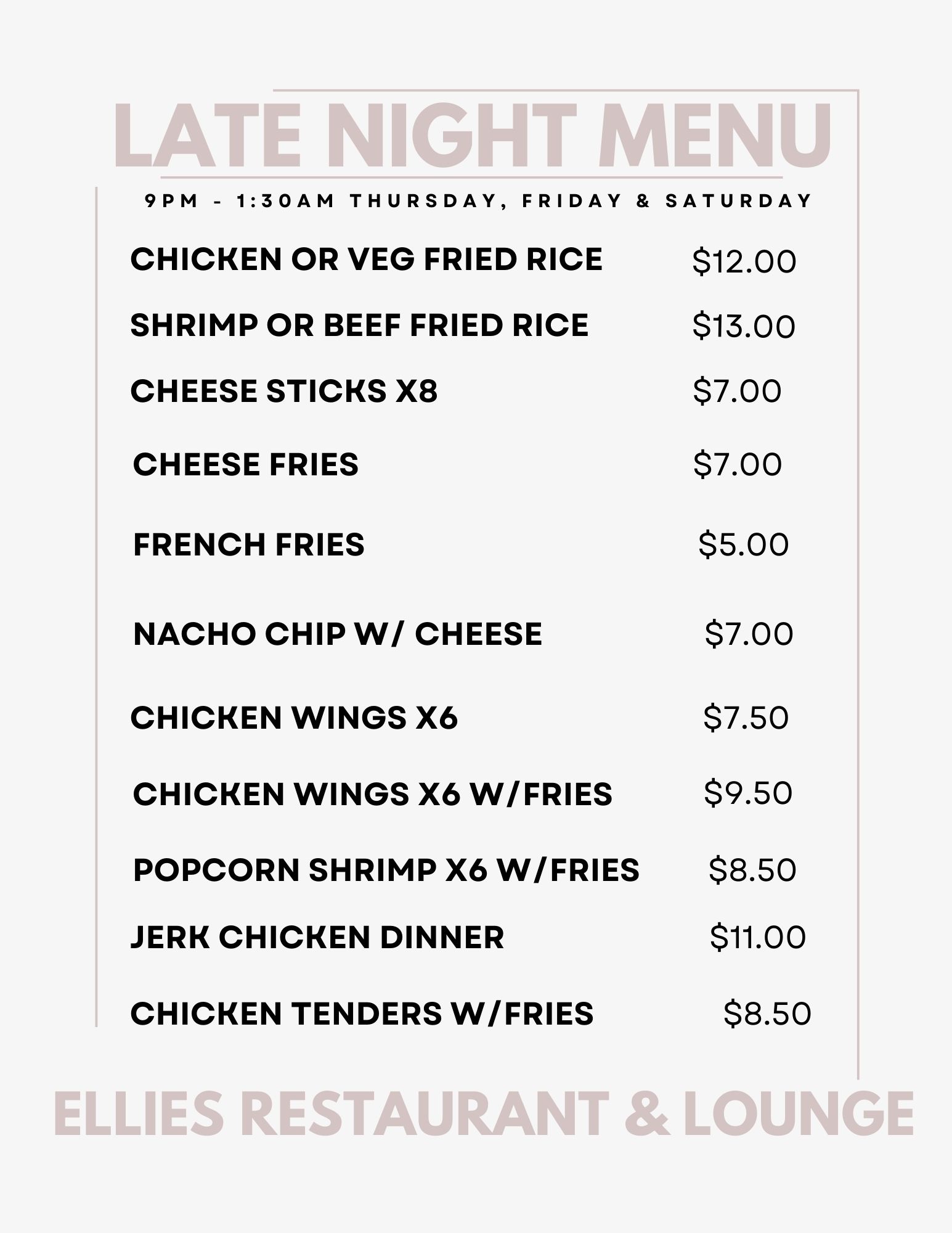 Ellie's Restaurant Lounge Menu