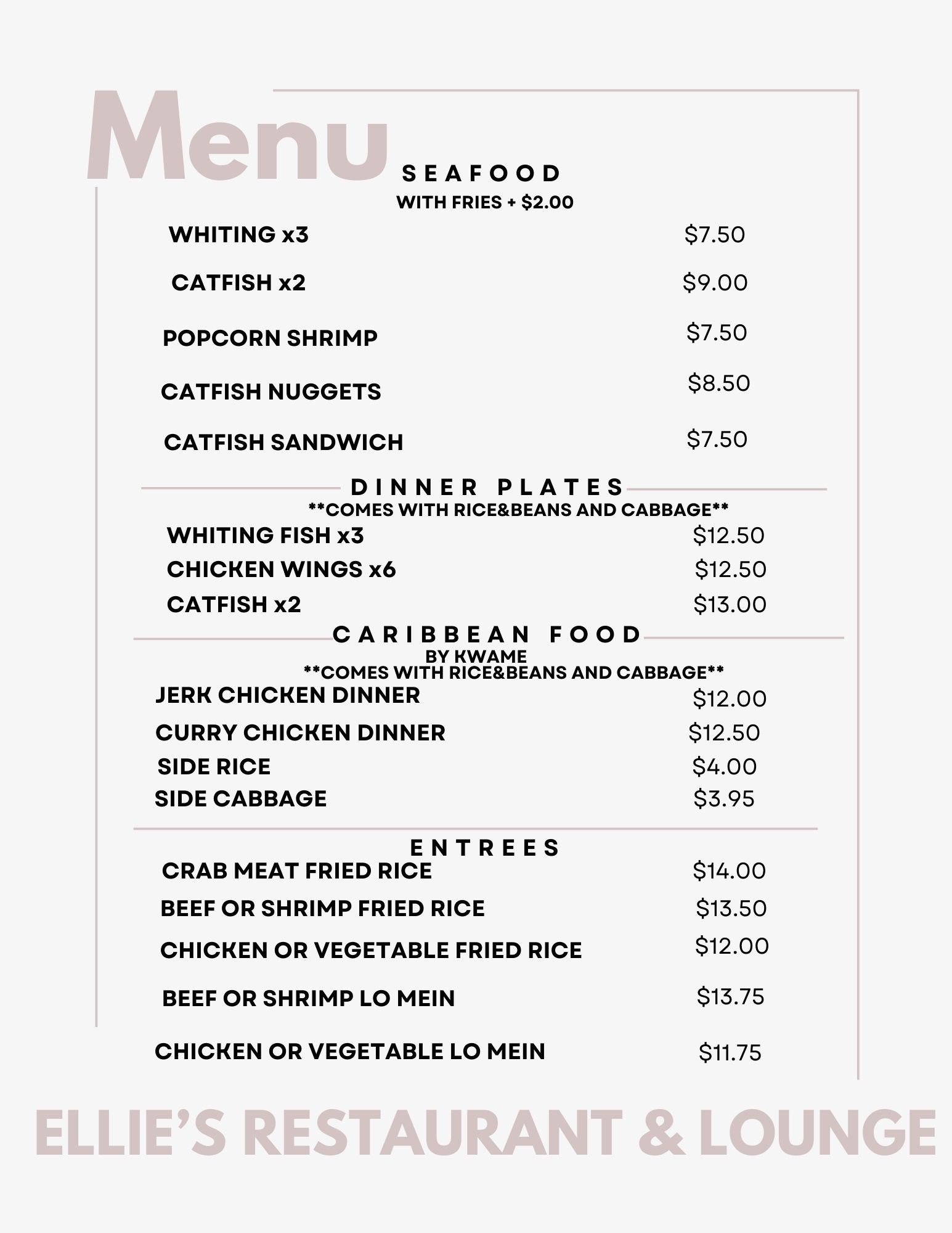 Ellie's Restaurant Lounge Menu