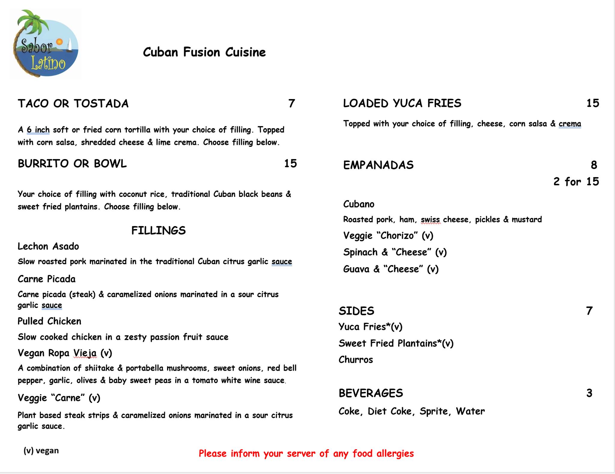 Sabor Latino Cuban & Peruvian Cuisine Menu