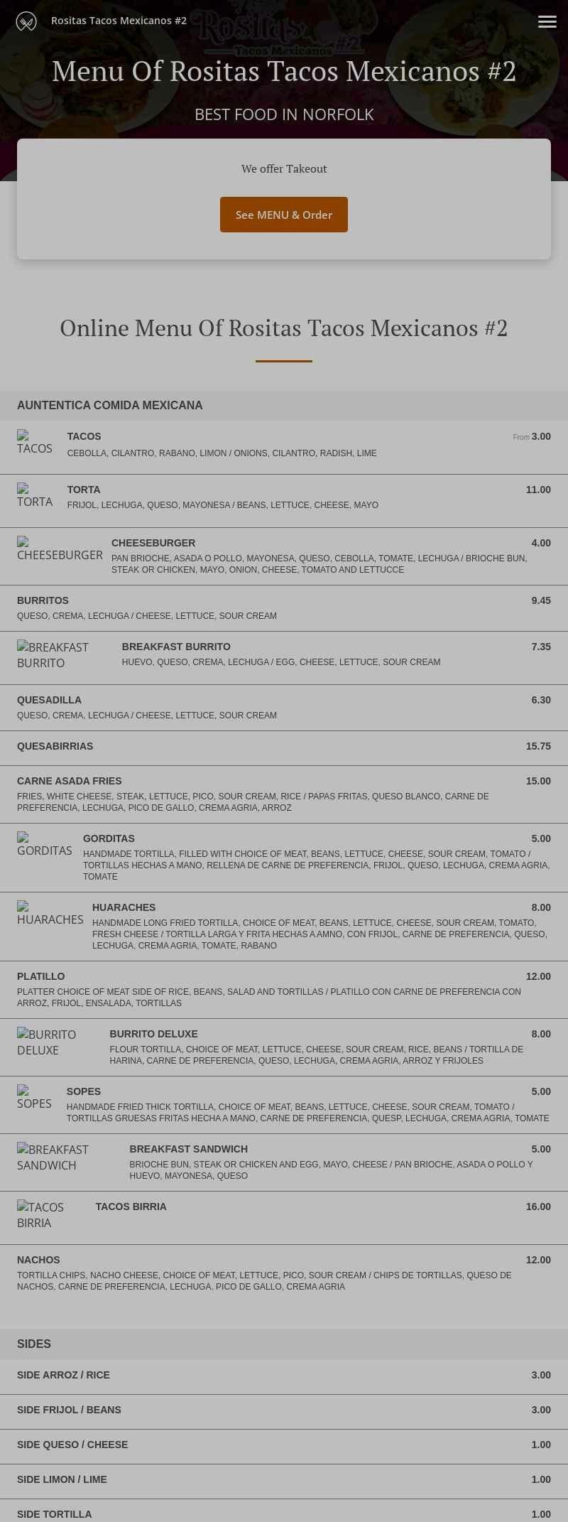 Rositas Tacos Mexicanos #2 Menu