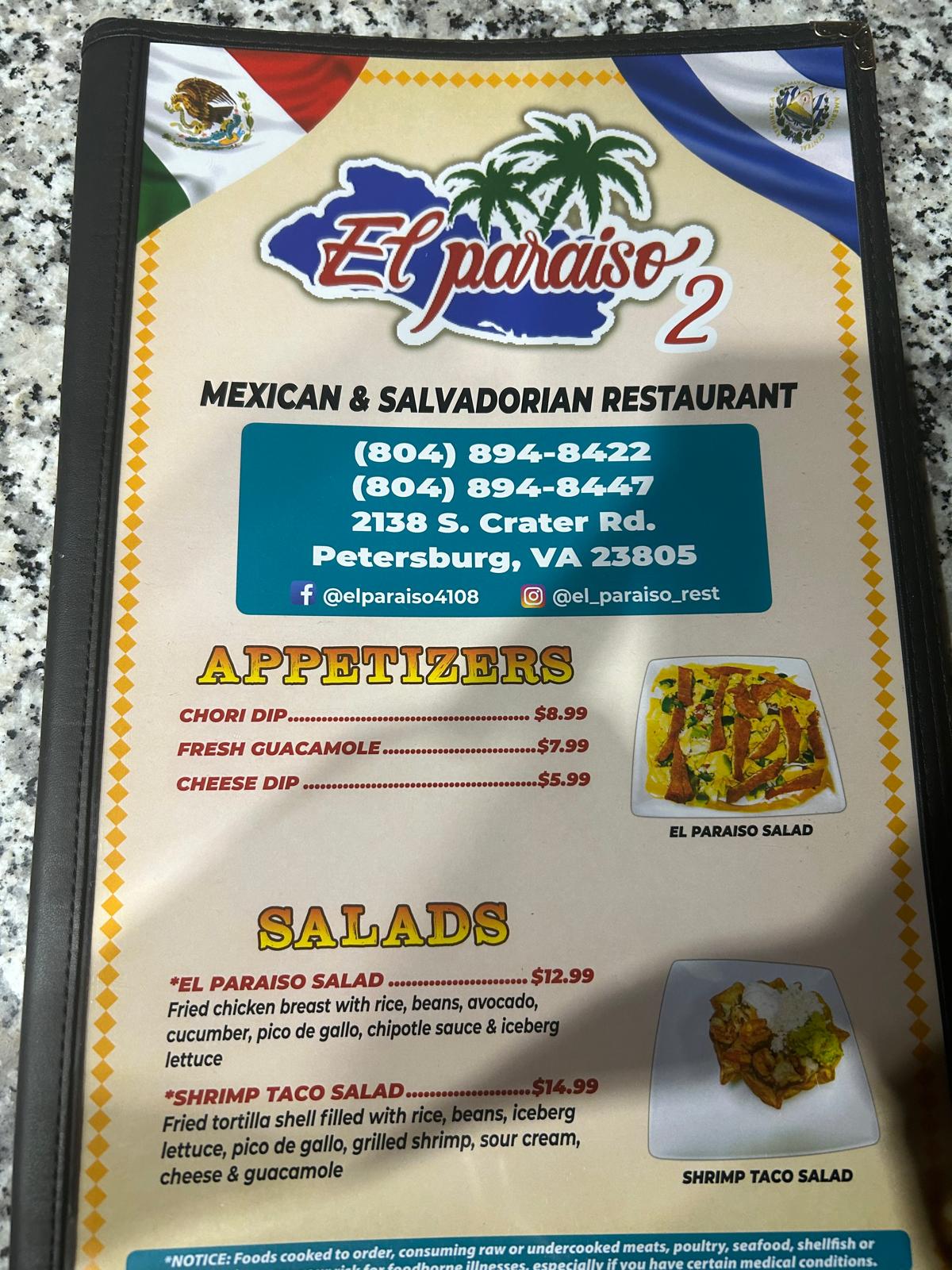 El Paraiso 2 Menu