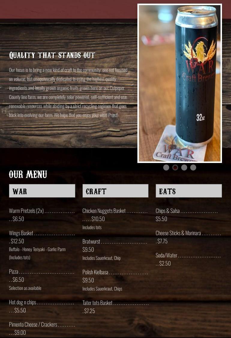 The Winery At Rapidan / WAR Craft Brewery Cidery Distillery Menu