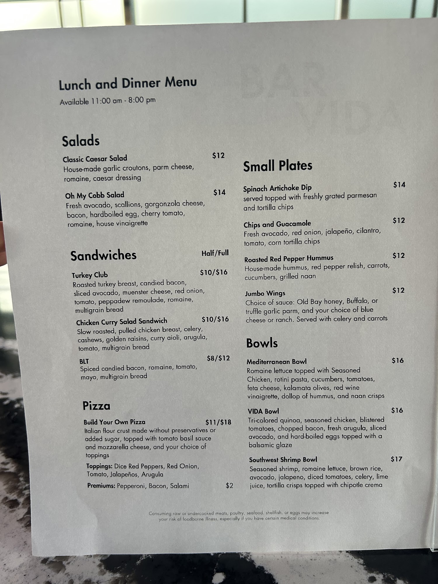 Bar VIDA Menu