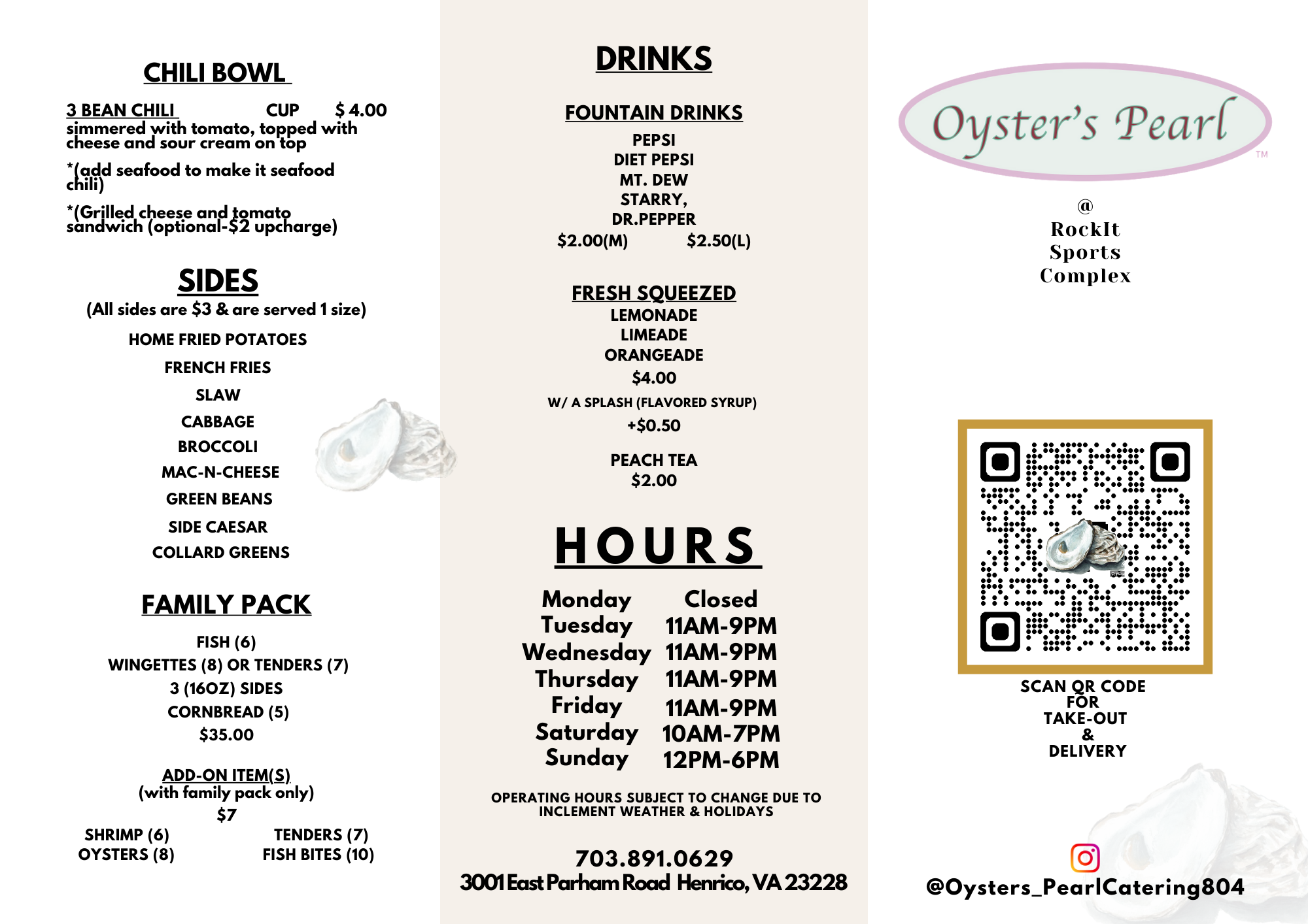 Oyster's Pearl Cafe Menu