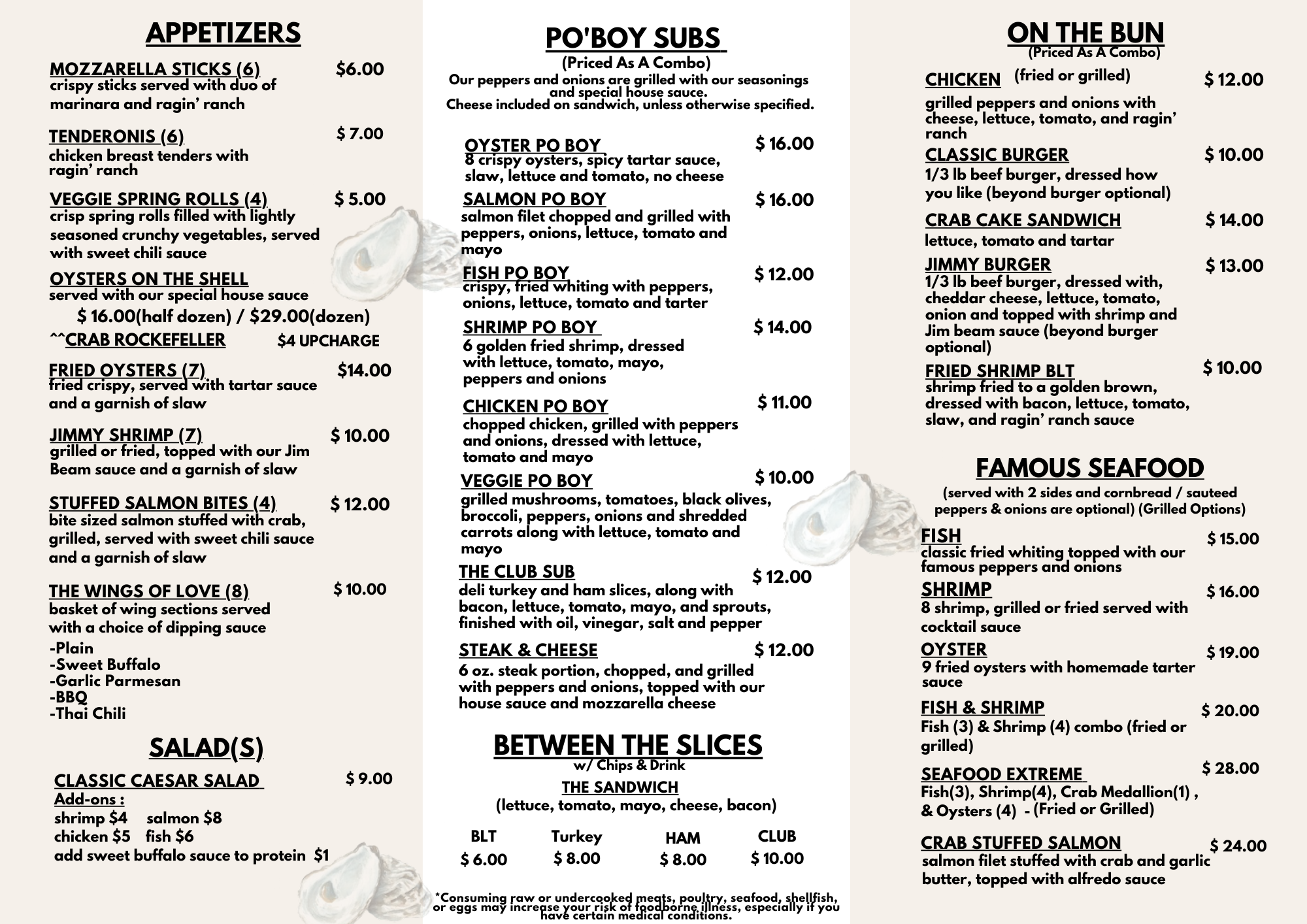Oyster's Pearl Cafe Menu