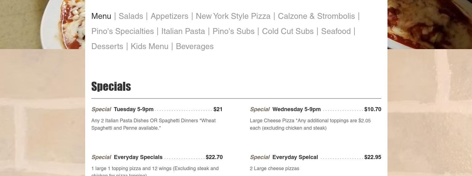 Pino's Pizza Menu