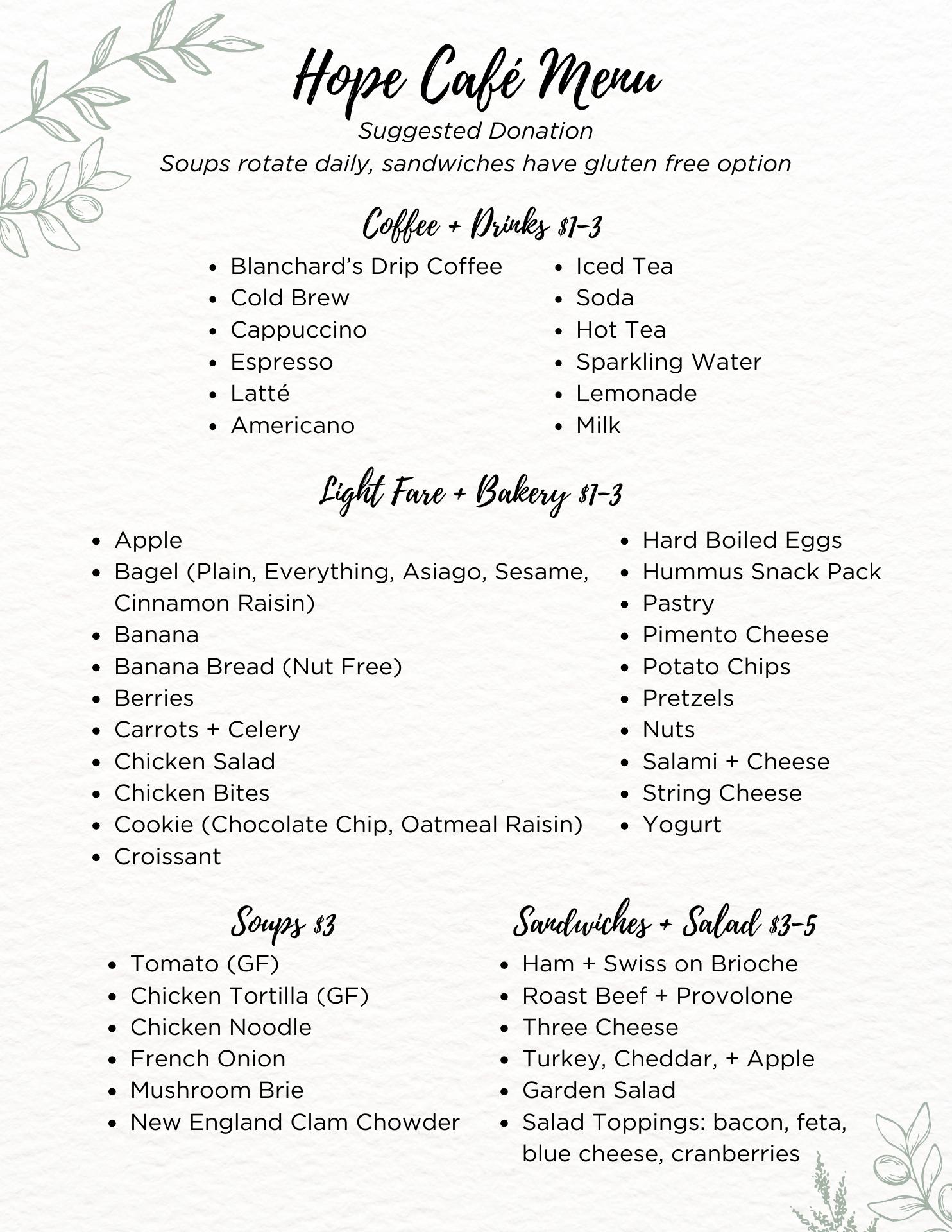HOPE Café Menu