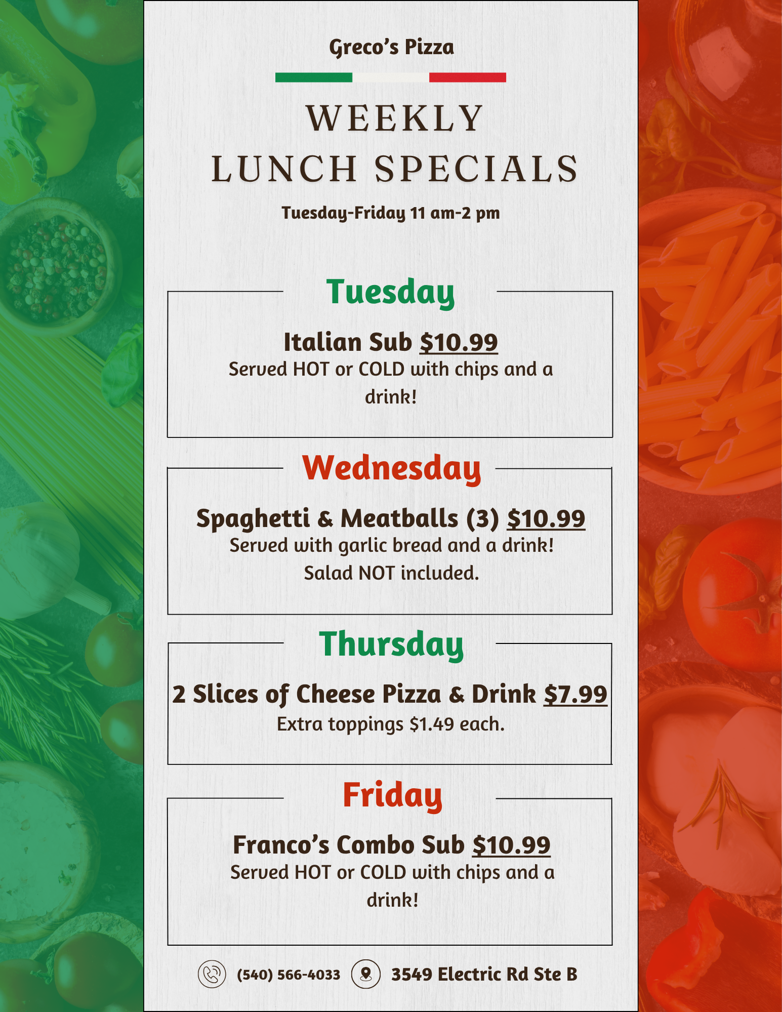 Greco's Pizza Roanoke Menu