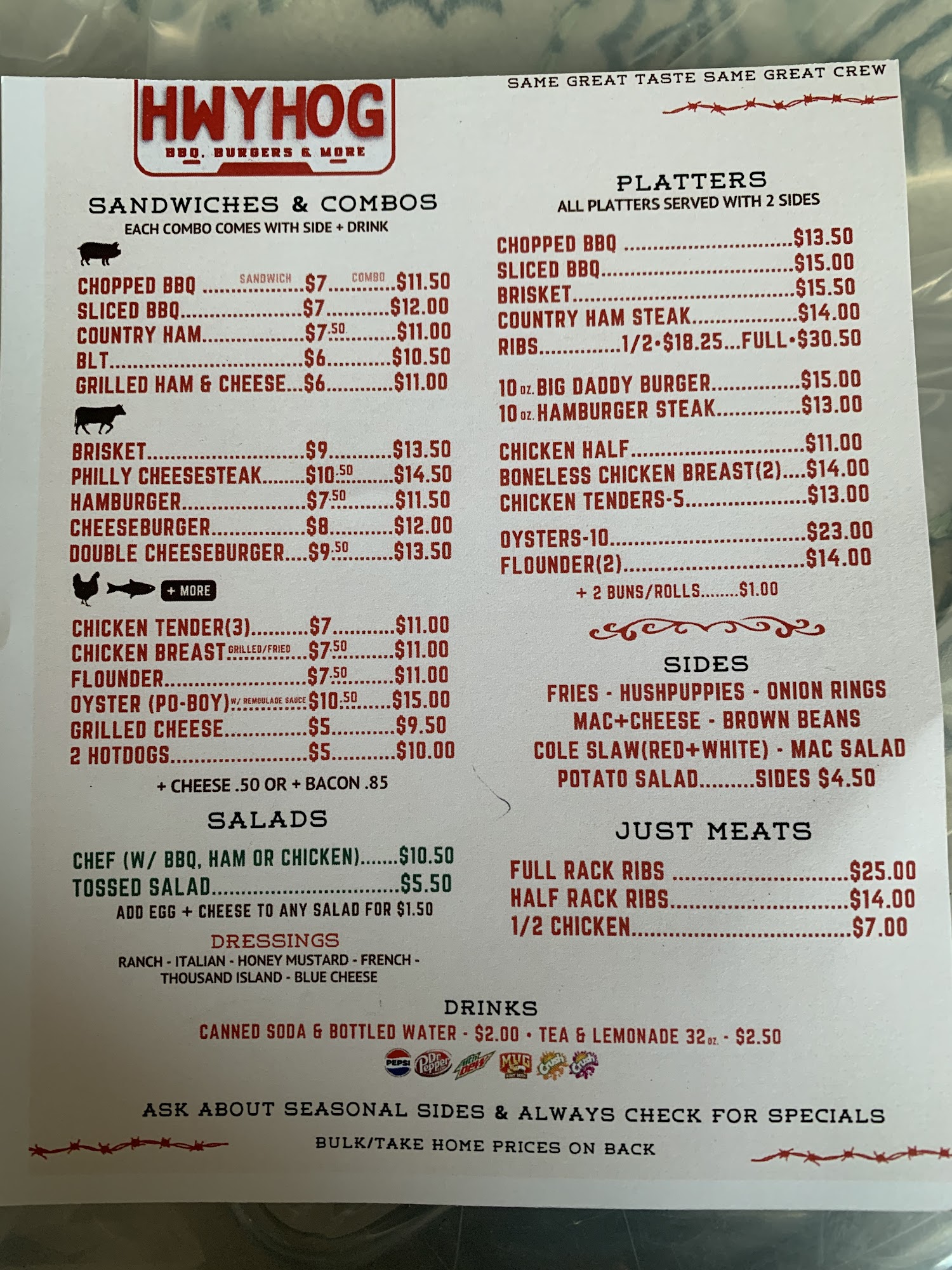 Highway Hog Menu