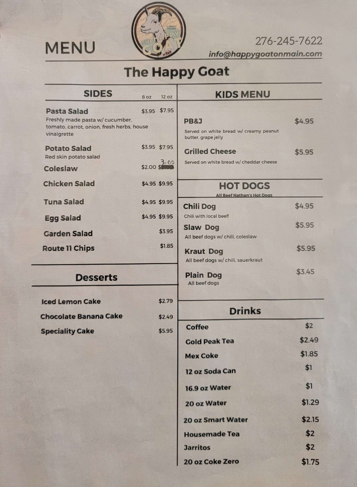 The Happy Goat Menu