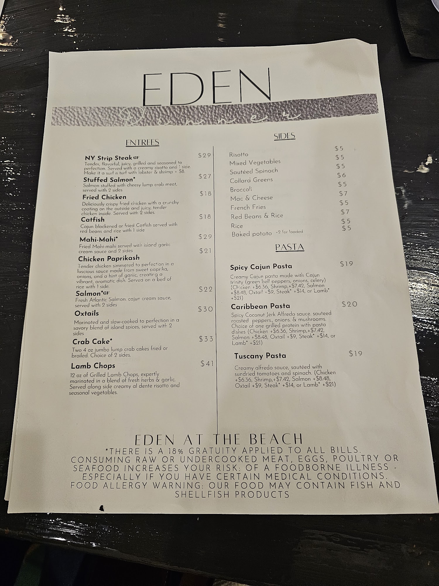 Eden at the Beach Menu