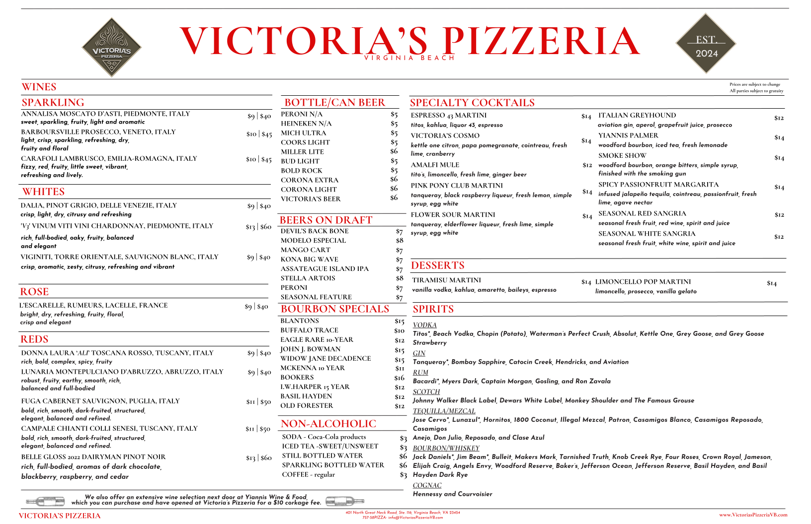 Victoria’s Pizzeria Menu