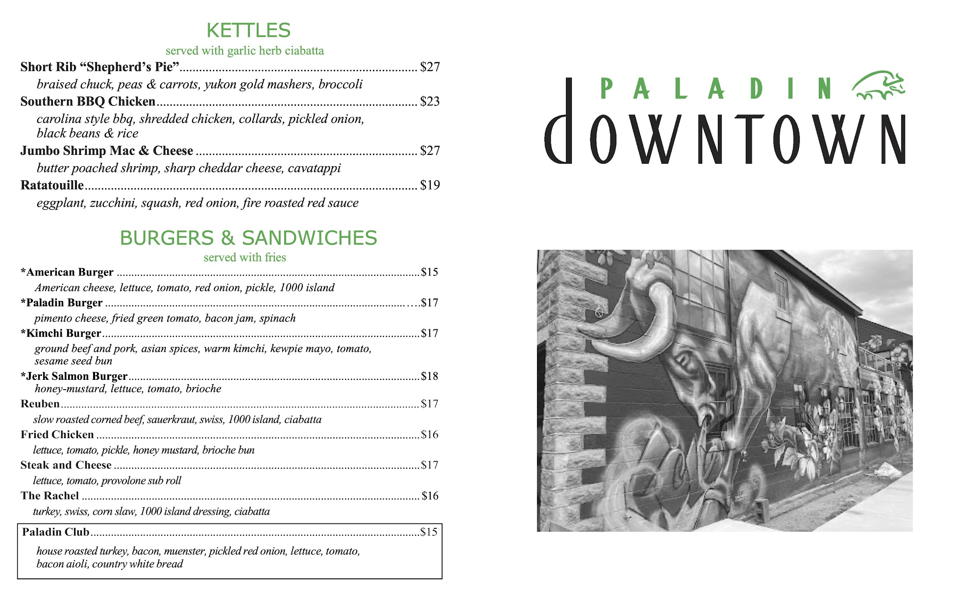 Paladin Downtown Menu