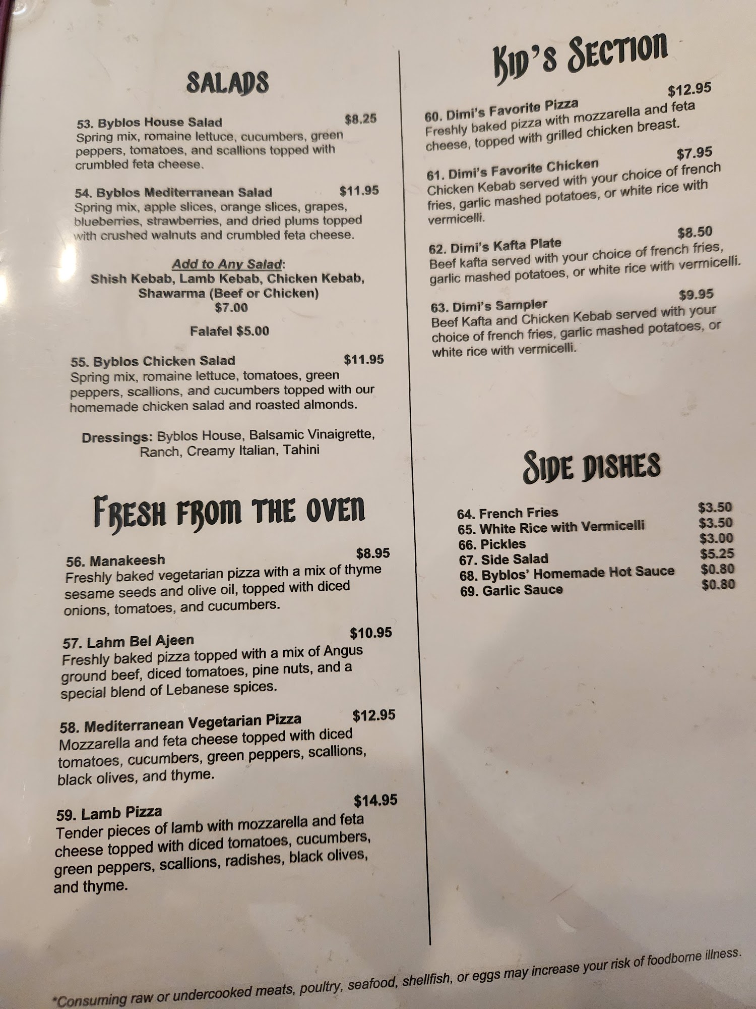 Byblos Restaurant Menu