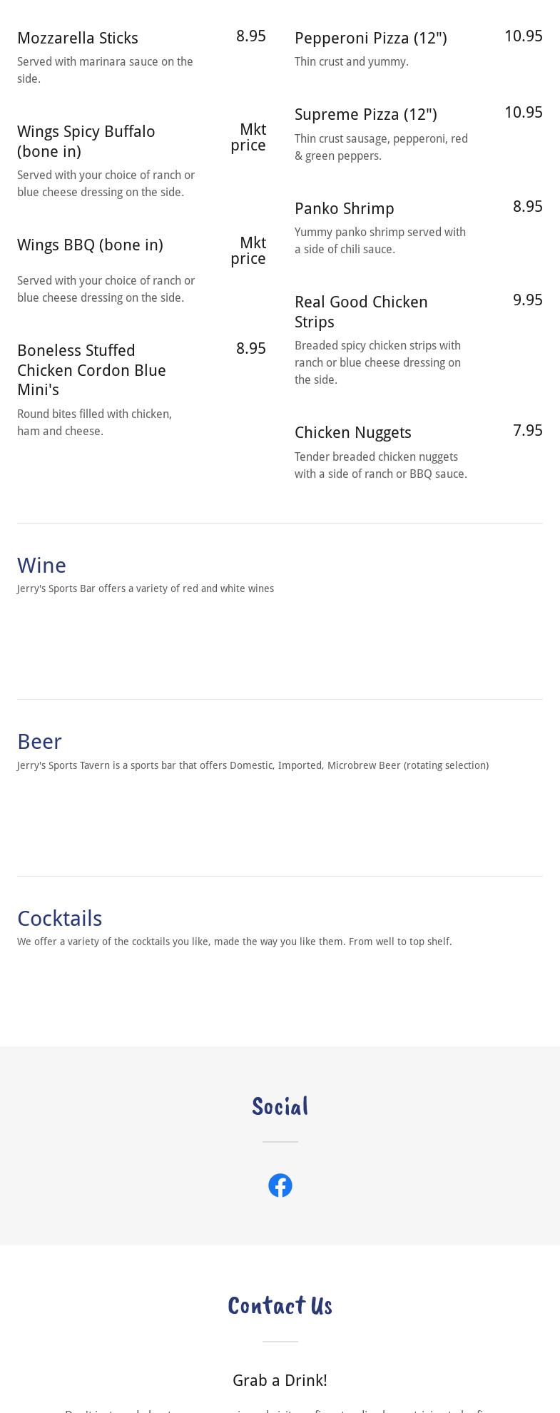 Jerry’s Sports Tavern Menu