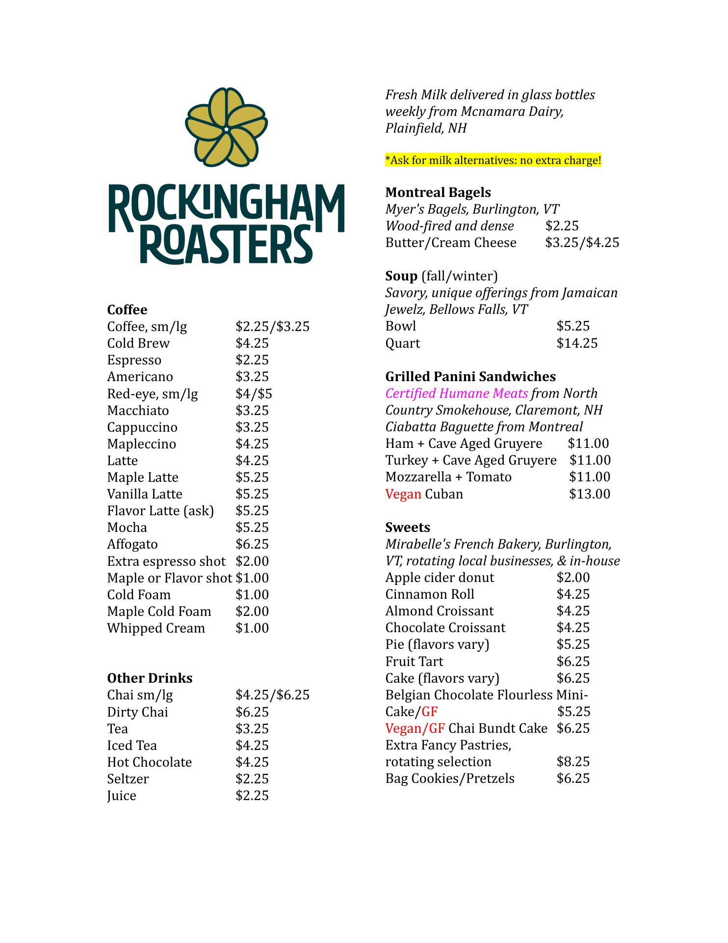 Rockingham Roasters Menu